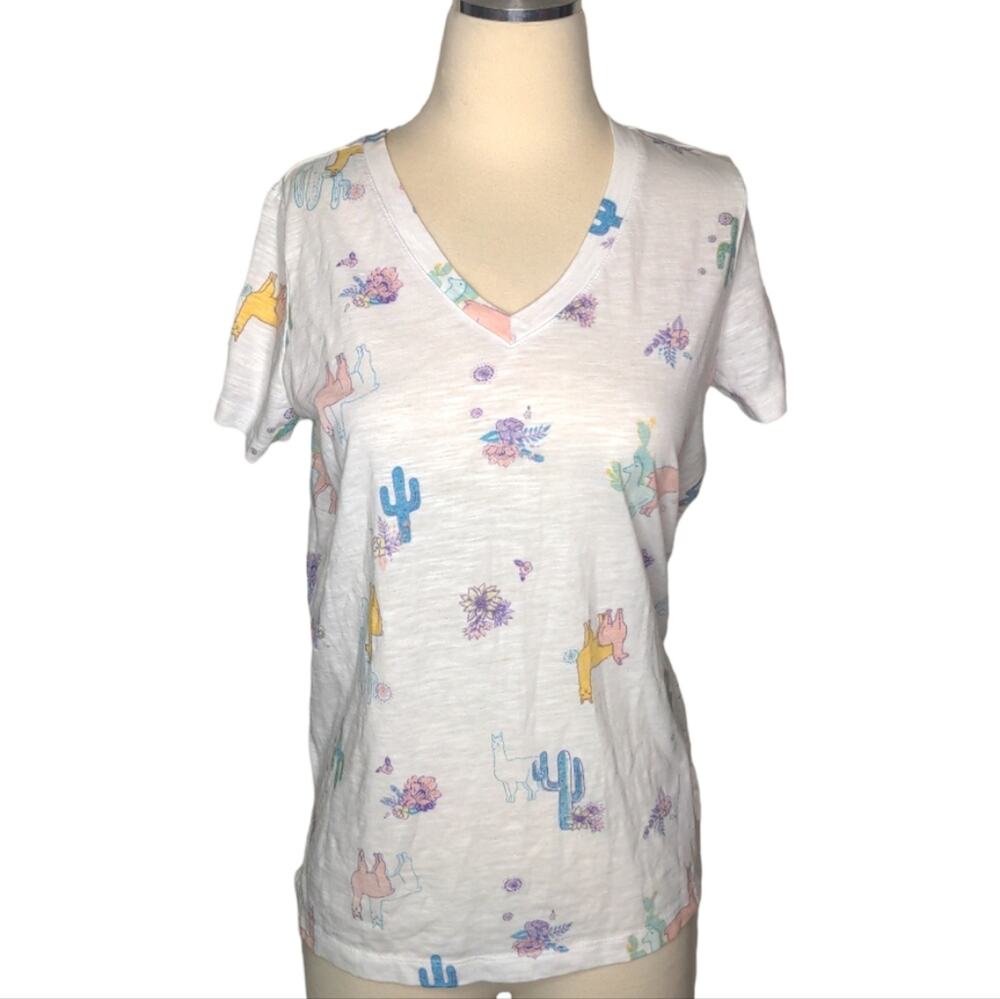 MUDD Roadtrip Tee White Llama Cactus Floral V-Neck Burnout Tee Small